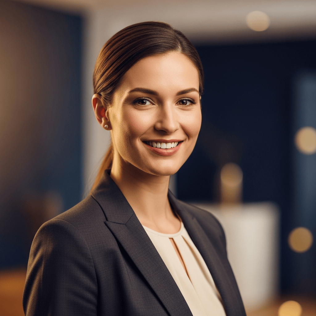 Smiling business professional in a dark blazer in a modern office